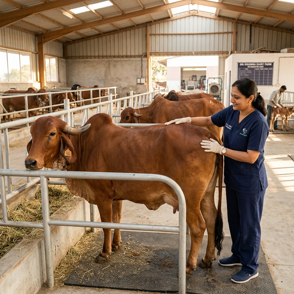 Professional veterinarian in Gujarat dairy farm performing PD and checking Gir cow for successful breeding and timely calving