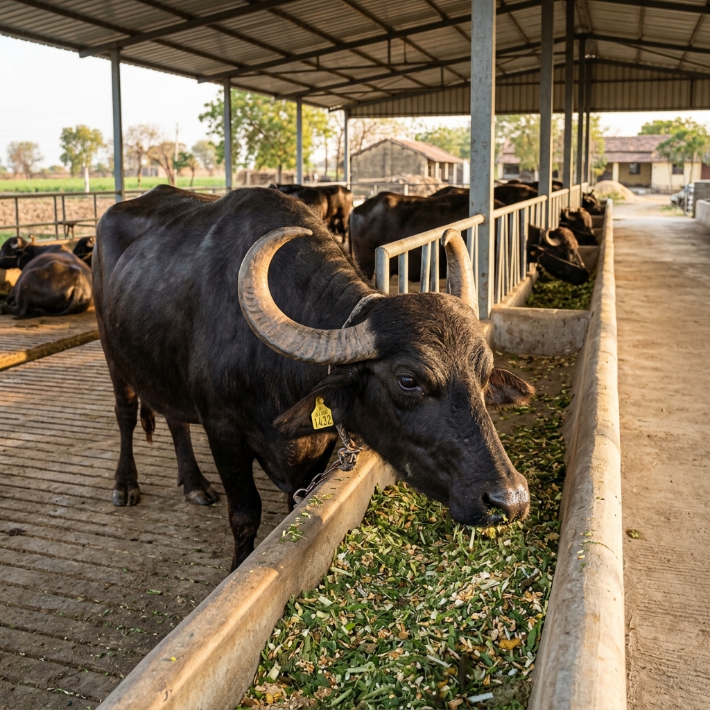 Jaffrabadi buffalo in Gujarat dairy farm eating balanced pashu aahar for higher milk and fat yield