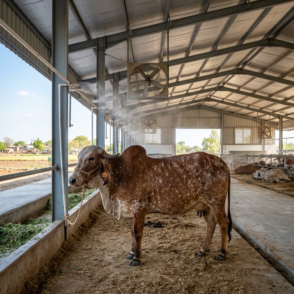 Gir cow in a well-ventilated Gujarat dairy farm shed to prevent heat stress